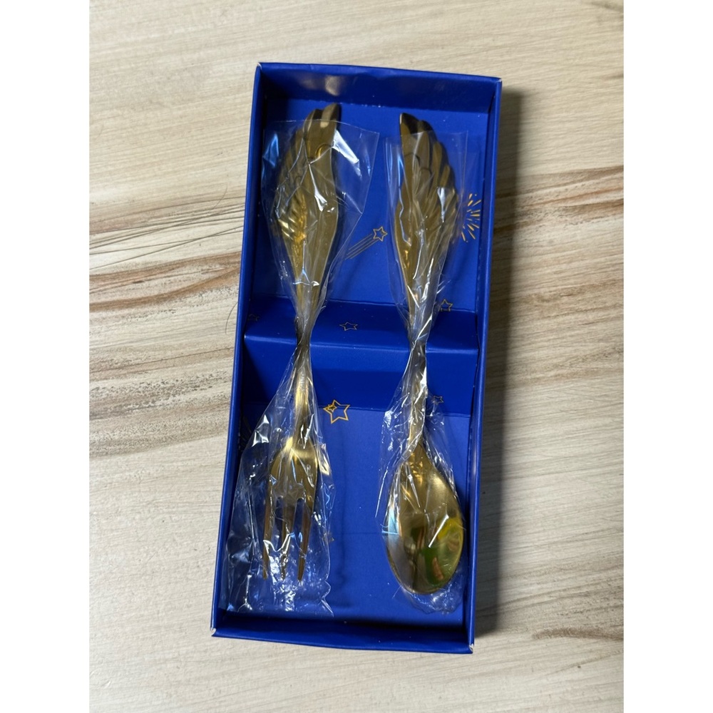 NIB Angels Wings Baby Spoon and Fork Gift Set Gold Tone Stainless Steel - Picture 10 of 10